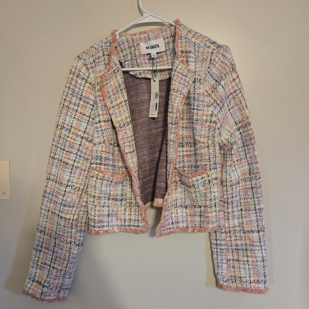 NWT Womens BB DAKOTA By Steve Madden Multicolor Tweed Cropped Buisness Jacket